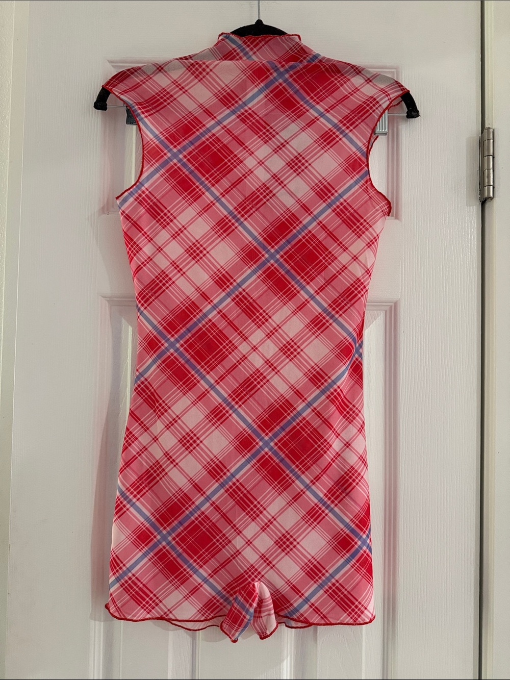 Sleeveless Red Plaid Romper with Mock Neck